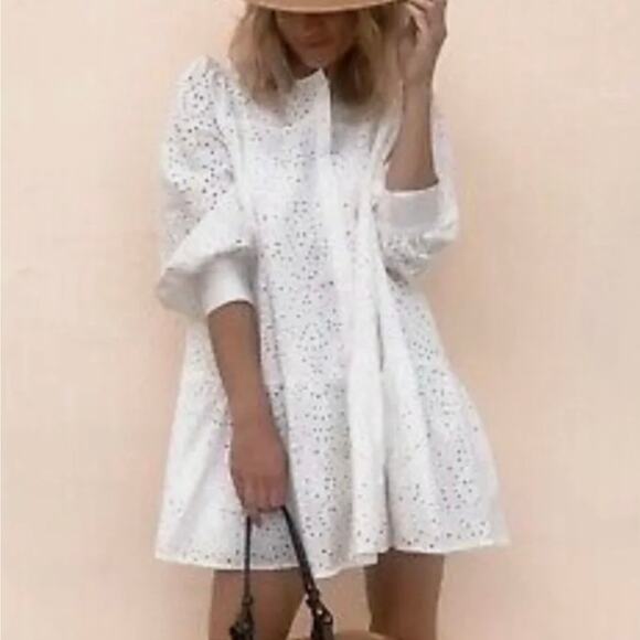 Zara The Emily Mini Babydoll Dress Mini Drop Waist Eyelet White Size L Coquette - Picture 2 of 16